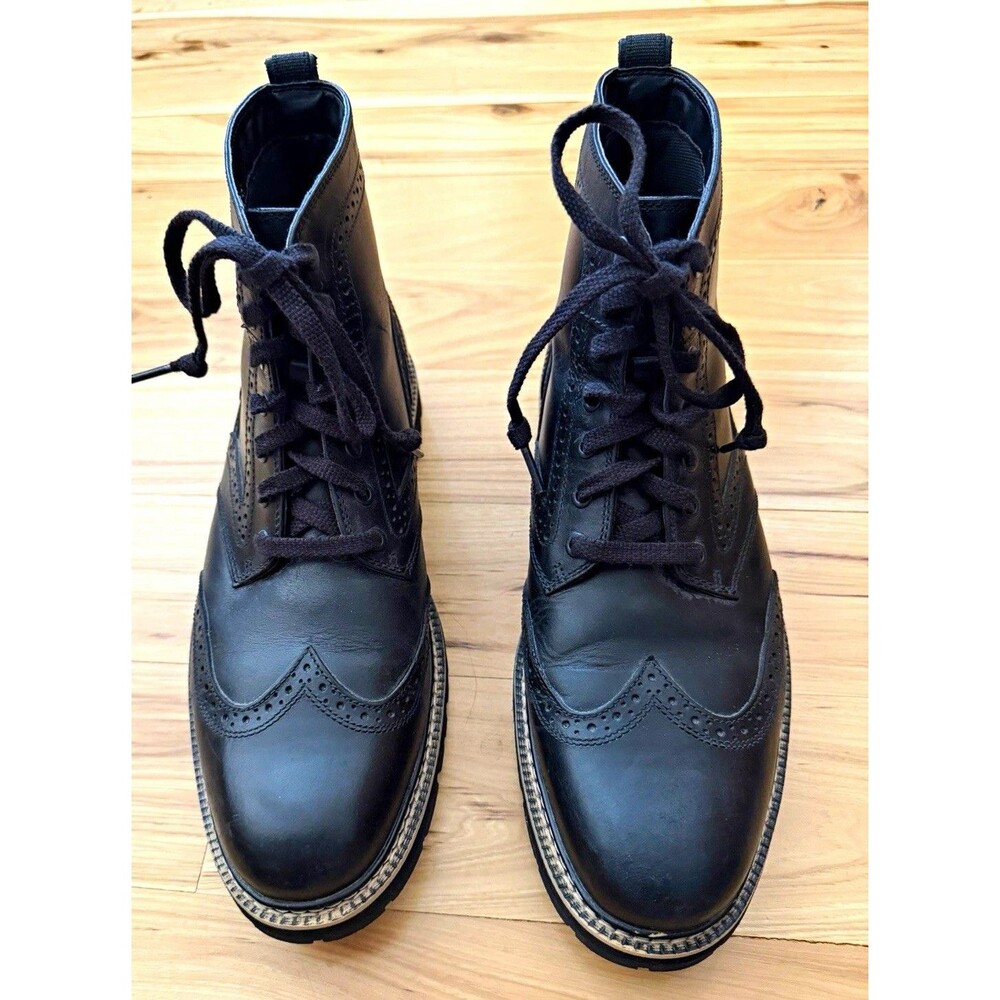 Men's Black Leather Wingtip Lace-Up Ankle Boots Round Toe Rubber Sole